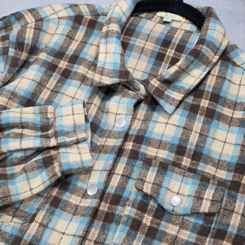 Kori Flannel Shirt Women M Brown Blue Excellent Plaid Snap Button Down Shacket